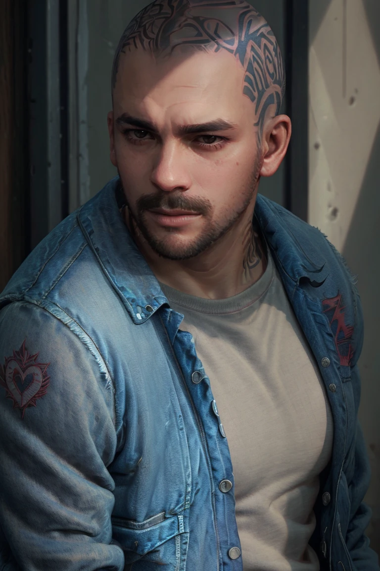 BoozerDays, 1boy, male focus, realistic, portrait, solo, jacket, shirt, looking at viewer, short hair, bald, tattoo, denim jacket, thick eyebrows, portrait,
<lora:BoozerDays:0.7>