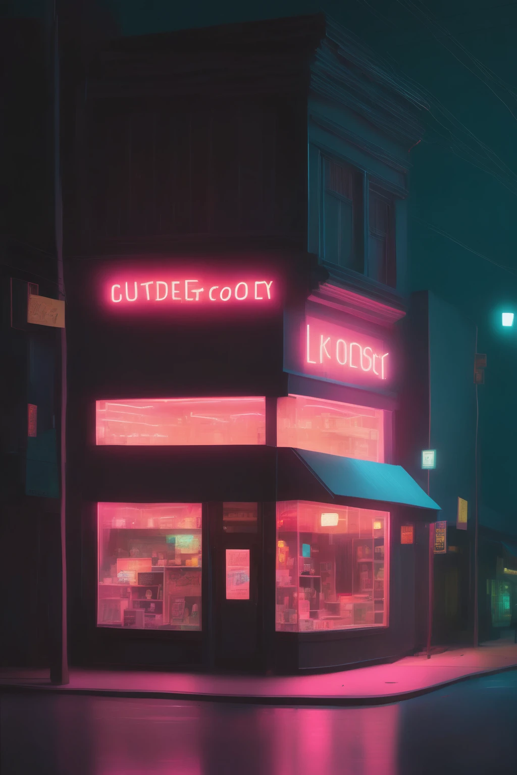 <lora:Neon Night:1>Neon Night - a street corner at night with a lit up store front