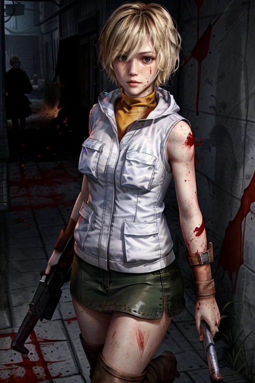 HeatherM, 1girl, solo, blonde hair, skirt, short hair, sleeveless, sleeveless turtleneck, weapon, gun, blood, turtleneck, boots, miniskirt, vest
<lora:HeatherM:0.7>, <lora:add_detail:0.7>, <lora:epi_noiseoffset2:1>