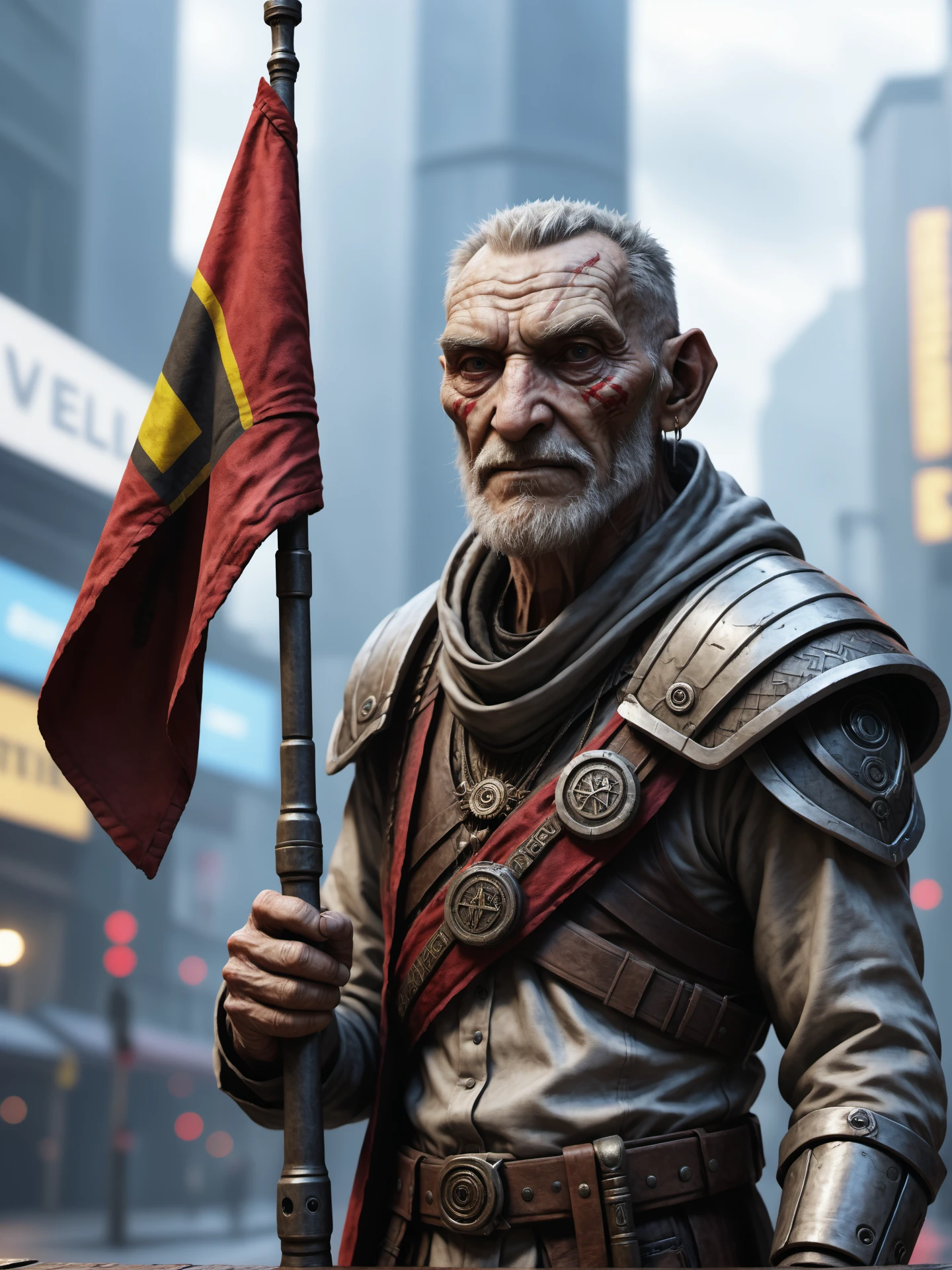 a cyberpunk old man  holding a "VAE" Flagg, detailed photo, detailed, realistic, 8k uhd, high quality