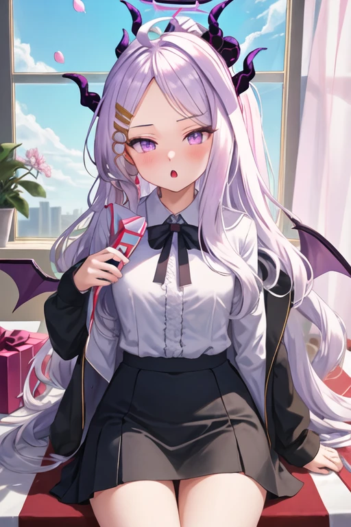 best quality, masterpiece, highres, solo, {hina_bluearchive:1.15}, long_hair, white_hair, horns, bangs, purple_eyes, parted_bangs, ahoge, demon_horns, hair_ornament, hairclip, halo, blush, multiple_horns, very_long_hair, 1girl, box, gift, gift_box, heart-shaped_box, holding, looking_at_viewer, sidelocks, valentine, bandaid, bandaid_on_hand, holding_gift, long_sleeves, shirt, skirt, :o, alternate_costume, collared_shirt, demon_girl, demon_wings, jacket, parted_lips, petals, ponytail, school_uniform, serafuku, white_shirt, window, wings