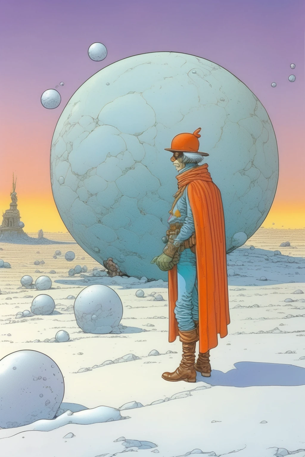 <lora:Moebius (Jean Giraud) Style:1>Moebius (Jean Giraud) Style - [Jean Giraud, also known as Moebius, was a famous French comic book artist and illustrator. Based on this post, he might illustrate a series of comic book panels showing a person starting with a small snowball of debt and gradually rolling it into a big snowball that they smash at the end, symbolizing becoming debt-free. The illustrations would be colorful and whimsical, with detailed backgrounds and characters.] in the style of Jean Giraud