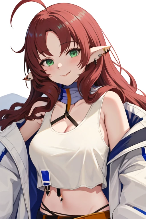 best quality, masterpiece, highres, solo, {myrtle_arknights:1.15}, long_hair, pointy_ears, bangs, red_hair, ahoge, green_eyes, smile, parted_bangs, open_mouth, piercing, blush, ear_piercing, brown_hair, 1girl, closed_mouth, jacket, looking_at_viewer, simple_background, upper_body, white_background, white_jacket, off_shoulder, tank_top, bare_shoulders, open_clothes, white_tank_top