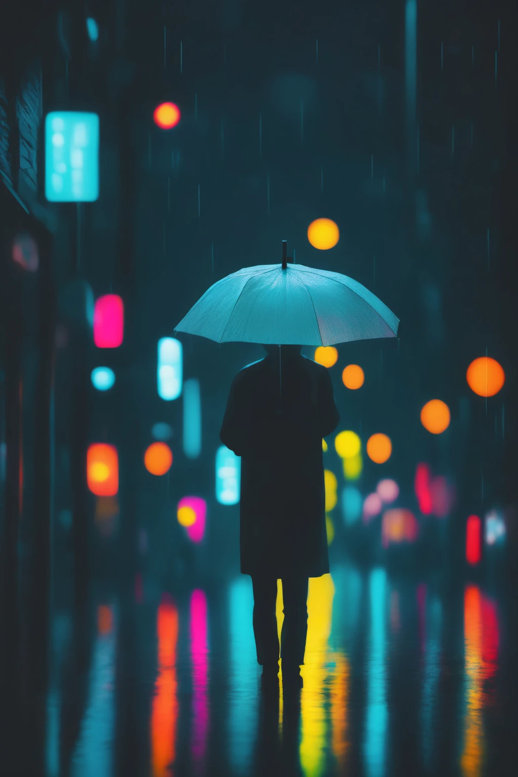 <lora:Neon Night:1>Neon Night - a person holding an umbrella on a rainy night