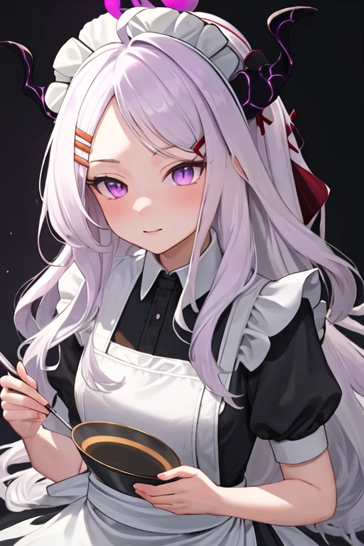 best quality, masterpiece, highres, solo, {maid:1.40}, {long maid dress:1.15}, {hina_bluearchive:1.15}, long_hair, white_hair, horns, bangs, purple_eyes, parted_bangs, ahoge, demon_horns, hair_ornament, hairclip, halo, blush, multiple_horns, very_long_hair