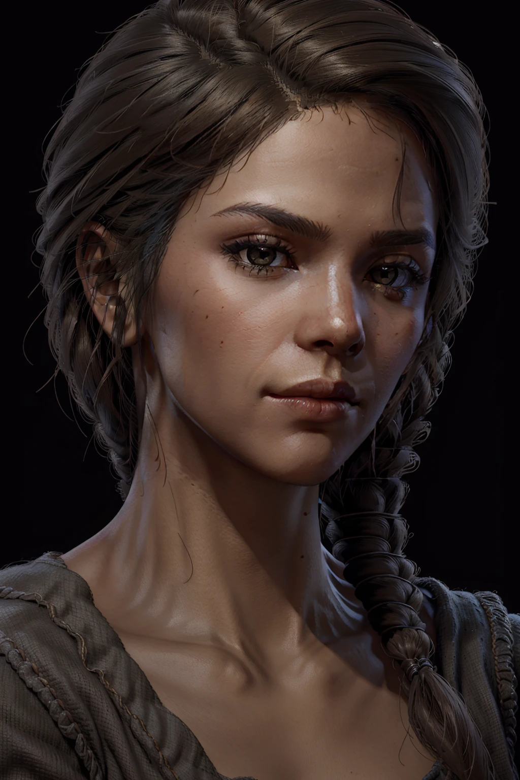 KassandraOdy, solo, realistic, braid, 1girl, brown hair, black background, portrait, long hair, simple background, brown eyes, hair over shoulder, lips, single braid
<lora:KassandraOdy:0.7>