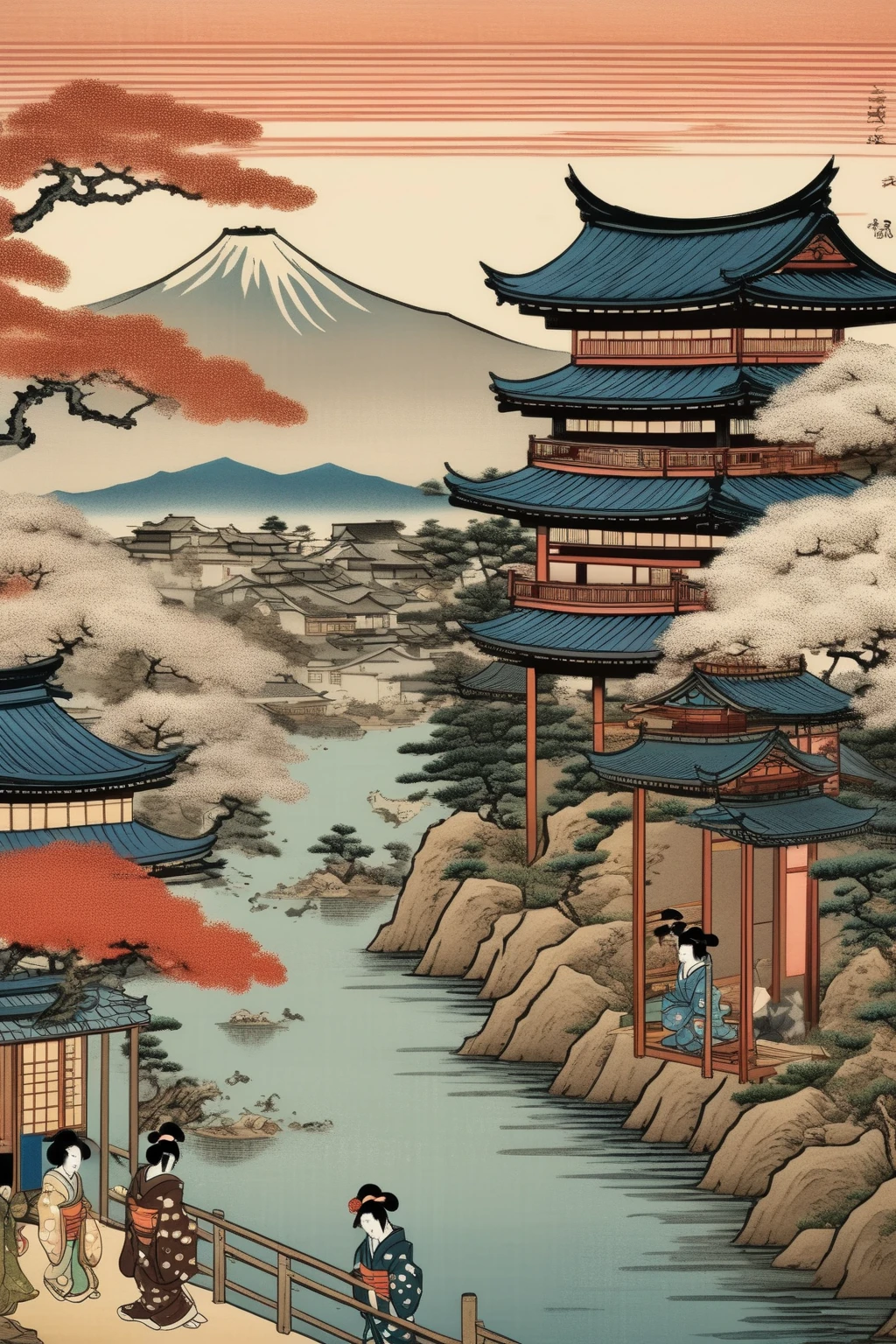 <lora:Ukiyo-e Art:1>Ukiyo-e Art - Using your artistic prowess and digital tools, craft a composition that embodies the charm and aesthetics of Ukiyo-e or Emakimono. Imagine a scene from Edo, the bustling capital city of Japan during the 17th to 19th centuries, and depict it with the exquisite detail, perspective, and delicate coloring reminiscent of traditional Japanese woodblock prints or hand-painted scrolls.