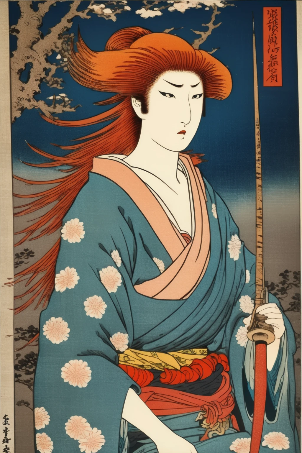 <lora:Ukiyo-e Art:1>Ukiyo-e Art - 19th century japanese woodblock print artstyle hiroshige portrait of greek goddess artemis huntress wildlife fierce woman with red hair