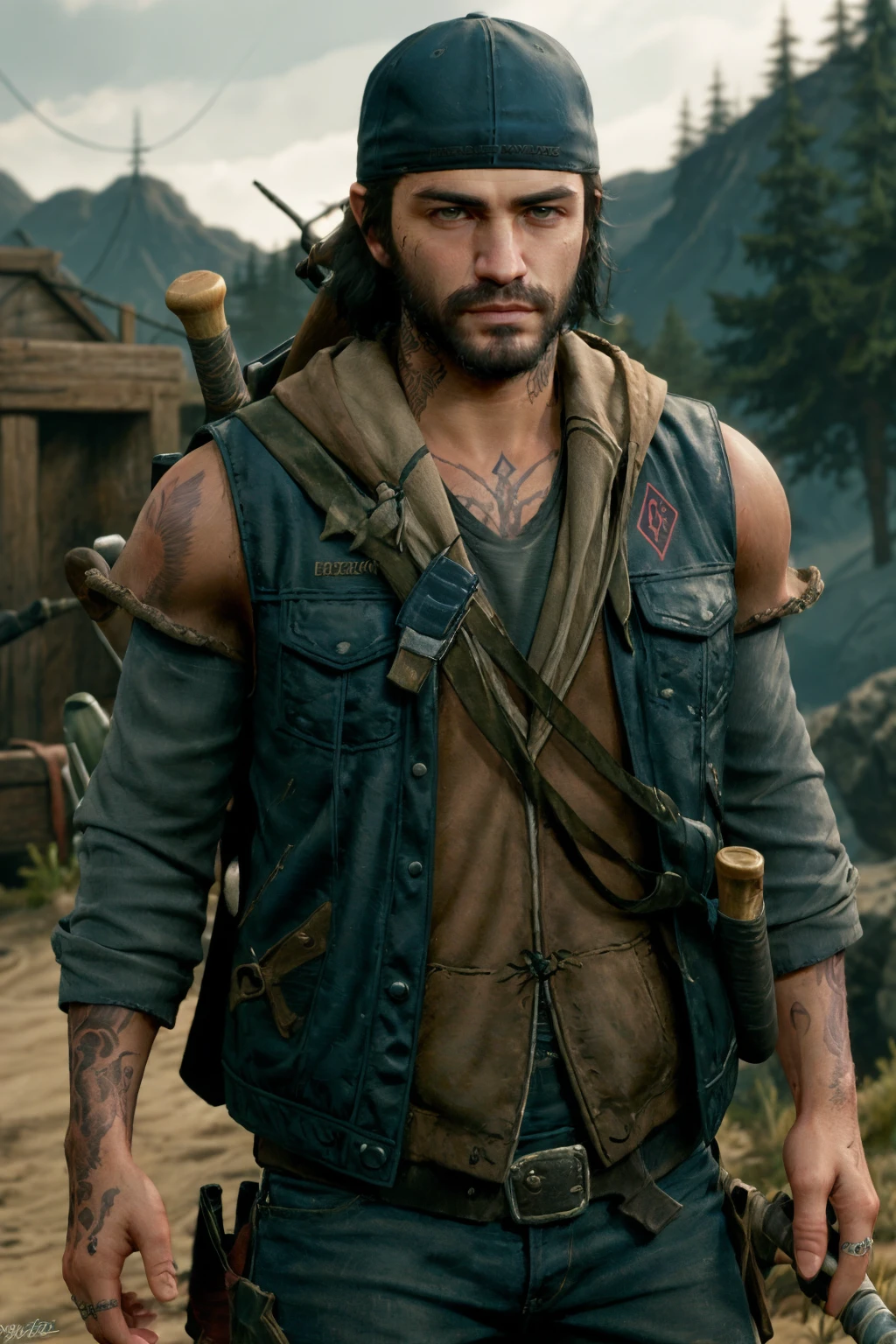 DeekDays, 1boy, solo, male focus, tattoo, facial hair, realistic, weapon on back, black hair, weapon, beard, vest, bandana, upper body, blurry background, hat, blue headwear
 <lora:DeekDays:0.7>