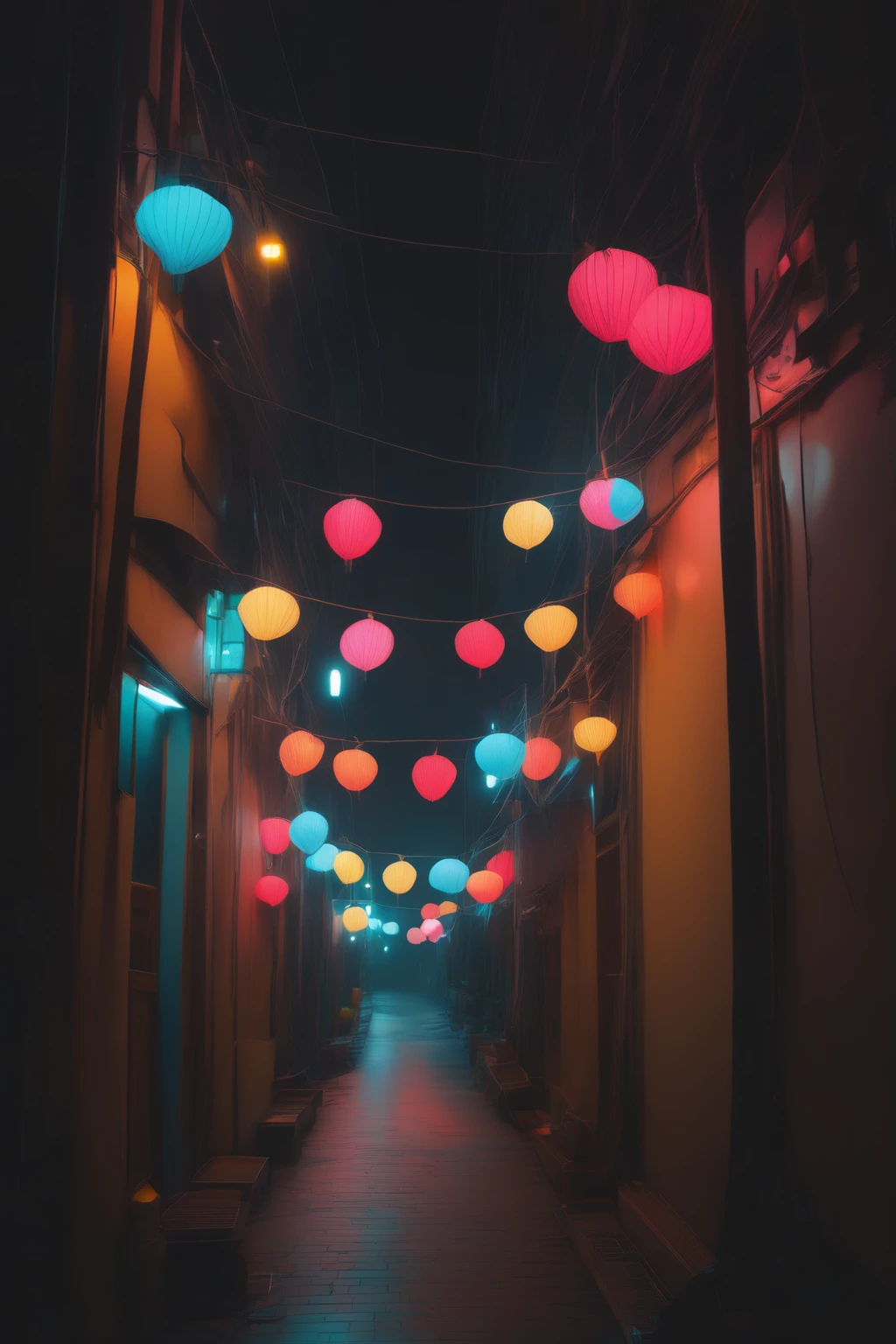 <lora:Neon Night:1>Neon Night - a narrow alley with a bunch of lights hanging from the ceiling