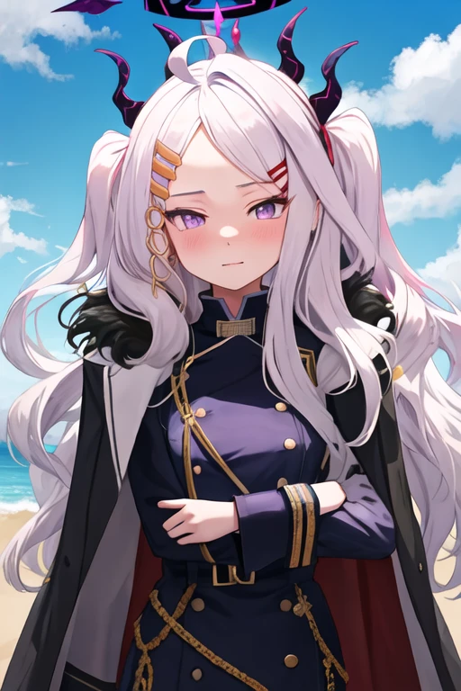 best quality, masterpiece, highres, solo, {hina_bluearchive:1.15}, long_hair, white_hair, horns, bangs, purple_eyes, parted_bangs, ahoge, demon_horns, hair_ornament, hairclip, halo, blush, multiple_horns, very_long_hair, 1girl, coat, forehead, fur_trim, military, military_uniform, uniform, upper_body, closed_mouth, fur_collar, looking_at_viewer