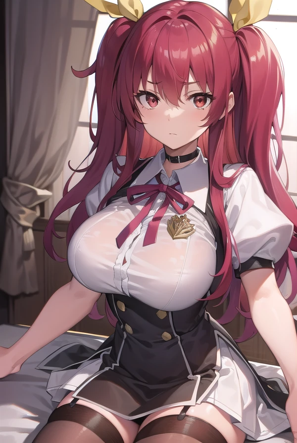 stellavermillion, <lora:stellavermillion-lora-nochekaiser:1>,
stella vermillion, hair between eyes, hair intakes, hair ribbon, long hair, (red eyes:1.5), red hair, two side up, yellow ribbon,
BREAK black choker, choker, emblem, garter straps, neck ribbon, plaid, puffy short sleeves, puffy sleeves, purple ribbon, red hair, ribbon, school uniform, shirt, short sleeves, skirt, thighhighs, white shirt, white skirt,
BREAK looking at viewer,
BREAK indoors, classroom
BREAK <lyco:GoodHands-beta2:1>, (masterpiece:1.2), best quality, high resolution, unity 8k wallpaper, (illustration:0.8), (beautiful detailed eyes:1.6), extremely detailed face, perfect lighting, extremely detailed CG, (perfect hands, perfect anatomy),