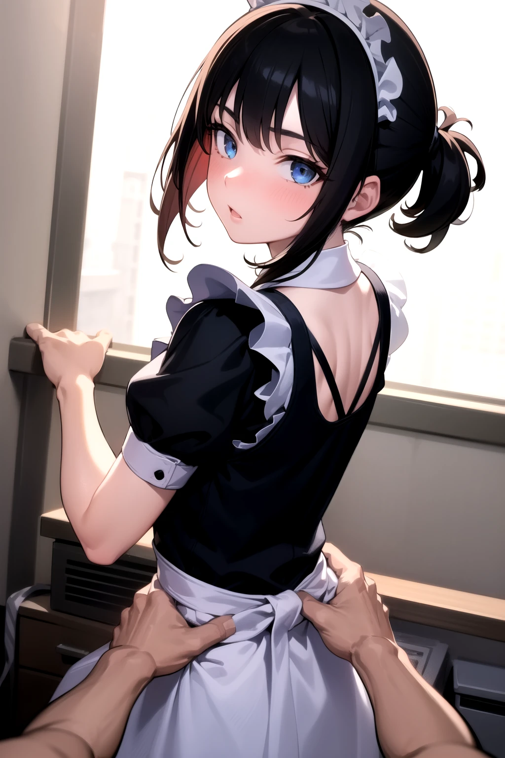 <lora:pov_torso_grab_v0.1a:1.0> 
1girl, torso grab, pov hands, deep skin, 1boy, upper body, looking back, maid,, masterpiece, best quality, highly detailed