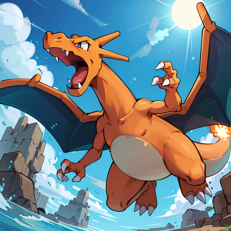 ((masterpiece,best quality)), absurdres, 
award winning photo, 
 Charizard_Pokemon, flame-tipped tail, two wings,
3d, blue_sky, cloud, cloudy_sky, day, depth_of_field, explosion, jumping, motion_blur, no_humans, ocean, open_mouth, outdoors, pokemon_\(creature\),  sky, sun,  <lora:Charizard_Pokemon:0.8>