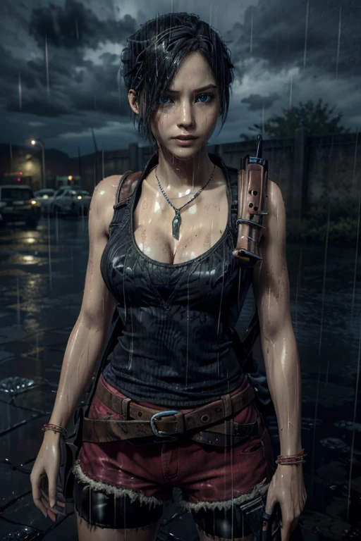 ClaireRedfieldR, 1girl, solo, jewelry, rain, necklace, shorts, black hair, blue eyes, breasts, realistic, short hair, cleavage, bracelet, belt, gun, wet, weapon
<lora:add_detail:0.7>, <lora:ClaireRedfieldR:0.7>