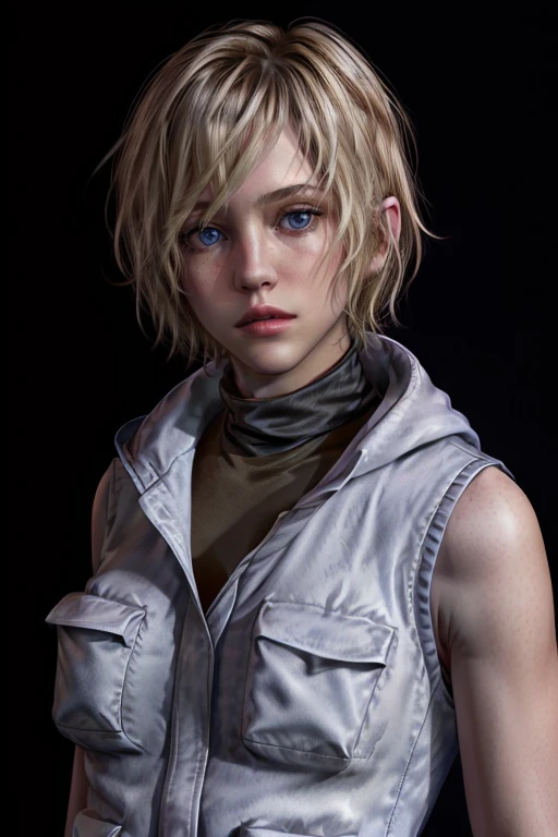 HeatherM, 1girl, solo, blonde hair, realistic, short hair, sleeveless, turtleneck, sleeveless turtleneck, jacket, vest, black background, blue eyes, lips
<lora:HeatherM:0.7>, <lora:add_detail:0.7>, <lora:epi_noiseoffset2:1>