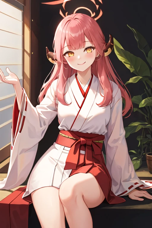 best quality, masterpiece, highres, solo, {white kimono:1.35}, {red hakama:1.35}, {wide sleeves:1.20}, {aru_bluearchive:1.15}, horns, bangs, long_hair, pink_hair, halo, ribbon, smile, neck_ribbon, blush, breasts, red_ribbon, yellow_eyes