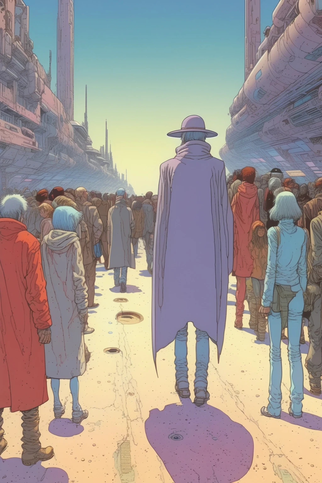 <lora:Moebius (Jean Giraud) Style:1>Moebius (Jean Giraud) Style - art by moebius, orwellian, matrix, cyberpunk, street with crowd of people walking away from the camera, vanishing point in center style of jean giraud aka Moebius