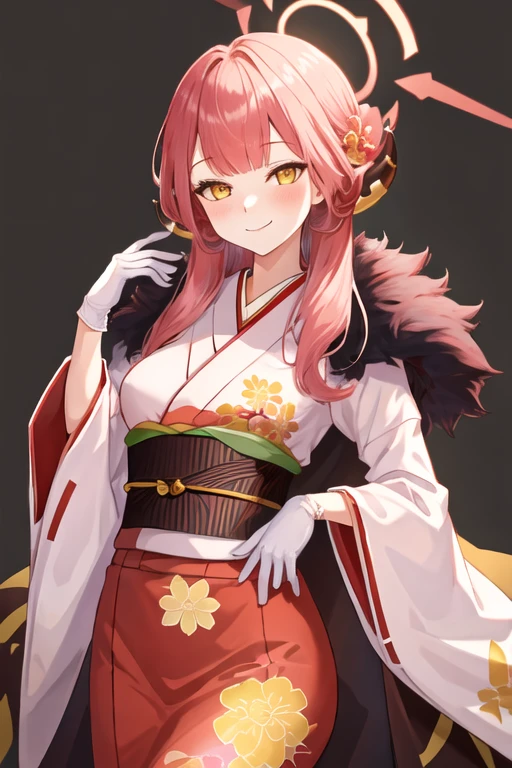 best quality, masterpiece, highres, solo, {aru_bluearchive:1.15}, horns, bangs, long_hair, pink_hair, halo, ribbon, smile, neck_ribbon, blush, breasts, red_ribbon, yellow_eyes, 1girl, demon_horns, flower, hair_flower, hair_ornament, japanese_clothes, kimono, fur_trim, upper_body, floral_print, fur_collar, hair_bun, looking_at_viewer, single_hair_bun, black_gloves, fur-trimmed_kimono, gloves, obi, sash, closed_mouth, long_sleeves, official_alternate_costume, red_kimono, simple_background, wide_sleeves