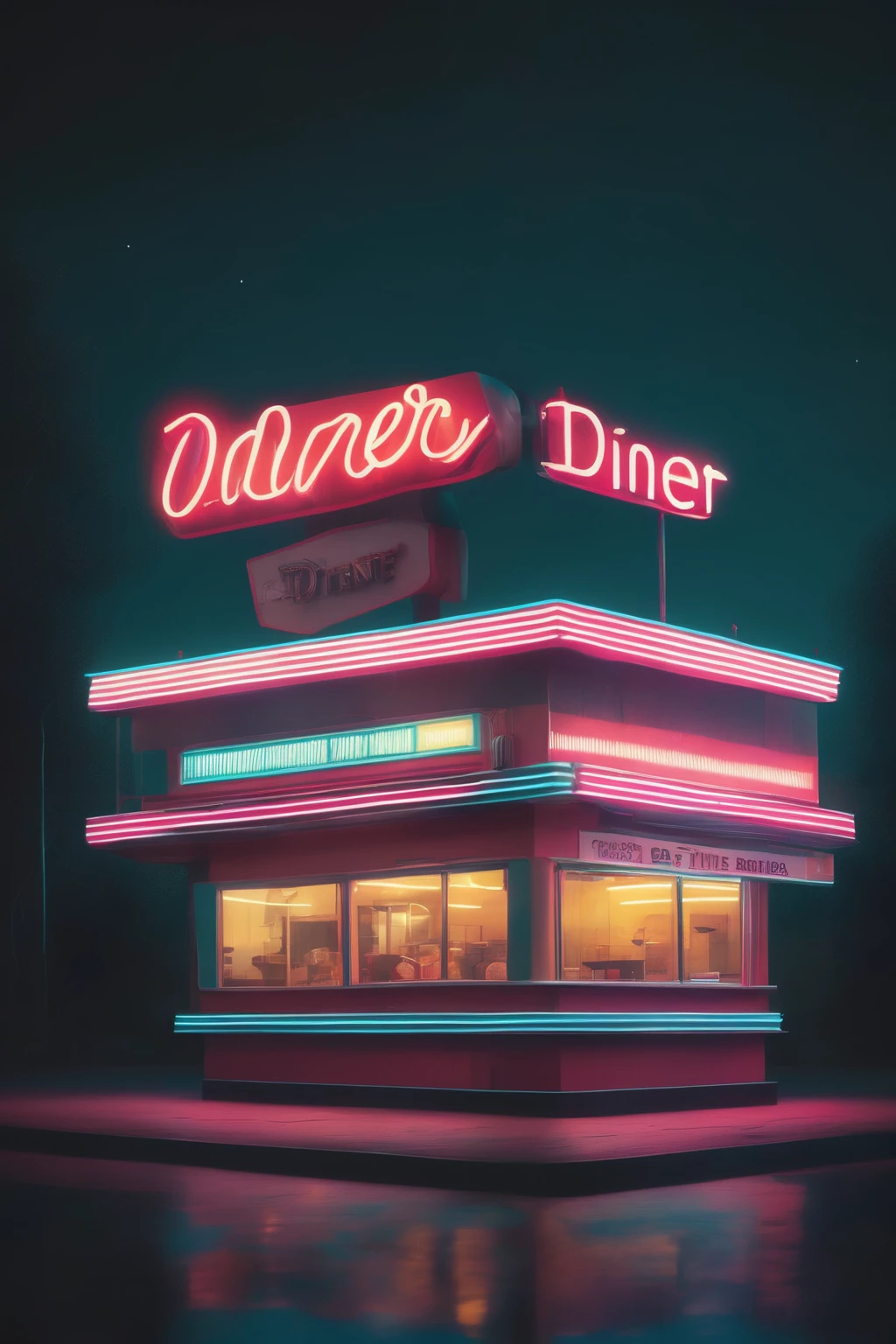 <lora:Neon Night:1>Neon Night - a retro diner with a glowing neon sign on its roof