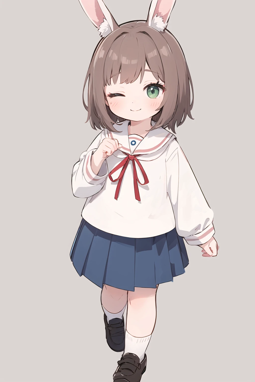 独奏, 1girl, animal ears, bunny ears, Furry, furry female, Green eyes, upskirt, Short hair, Shoes, Simple background, one eye covered, ankle socks, full - body, Animal nose, Kindergarten uniform, eyebrows, visible through the hair, long sleeves, Smile, Standing, band, Shirt, school uniform, Bangs, pleated skirt, looking a viewer, uwabaki, red ribbon, closed mouth, brown hair, Blue skirt, neck ribbon