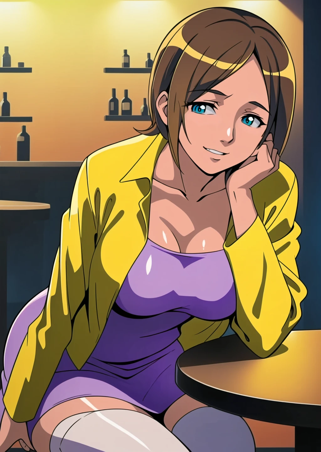 minako haruno
(solo:1.4)
1girl,brown hair, blue eye, short hair,large breasts, beautiful face, (sexy body:1.4),beautiful legs, collarbone,(white thigh highs:1.4), (mature female:1.4),
(yellow jacket:1.4),(purple dress:1.4),
happy expression,smile, closed mouth,sitting,(leaning forward:1.4), head tilt, (hands on own cheeks:1.4)
(bar:1.4), table
portrait,(close-up:1.05),
(masterpiece:1.4), (best quality:1.4),
professional artwork, intricate details, vivid colors, Diffused lighting, digital blending, ultra detailed body, ultra detail hair, ultra detail face,
<lora:minako_haruno_urotsukidoji_ver6-10:0.8>,