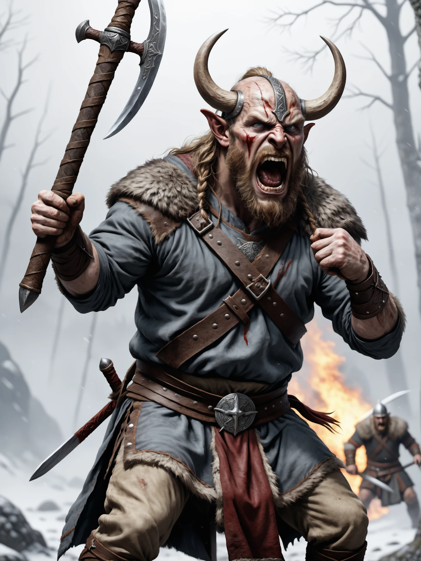 an viking beserker is storming the battlefield he holds his bloody sword ready to kill, anger in his face , open mouth , detailed, realistic, 8k uhd, high quality