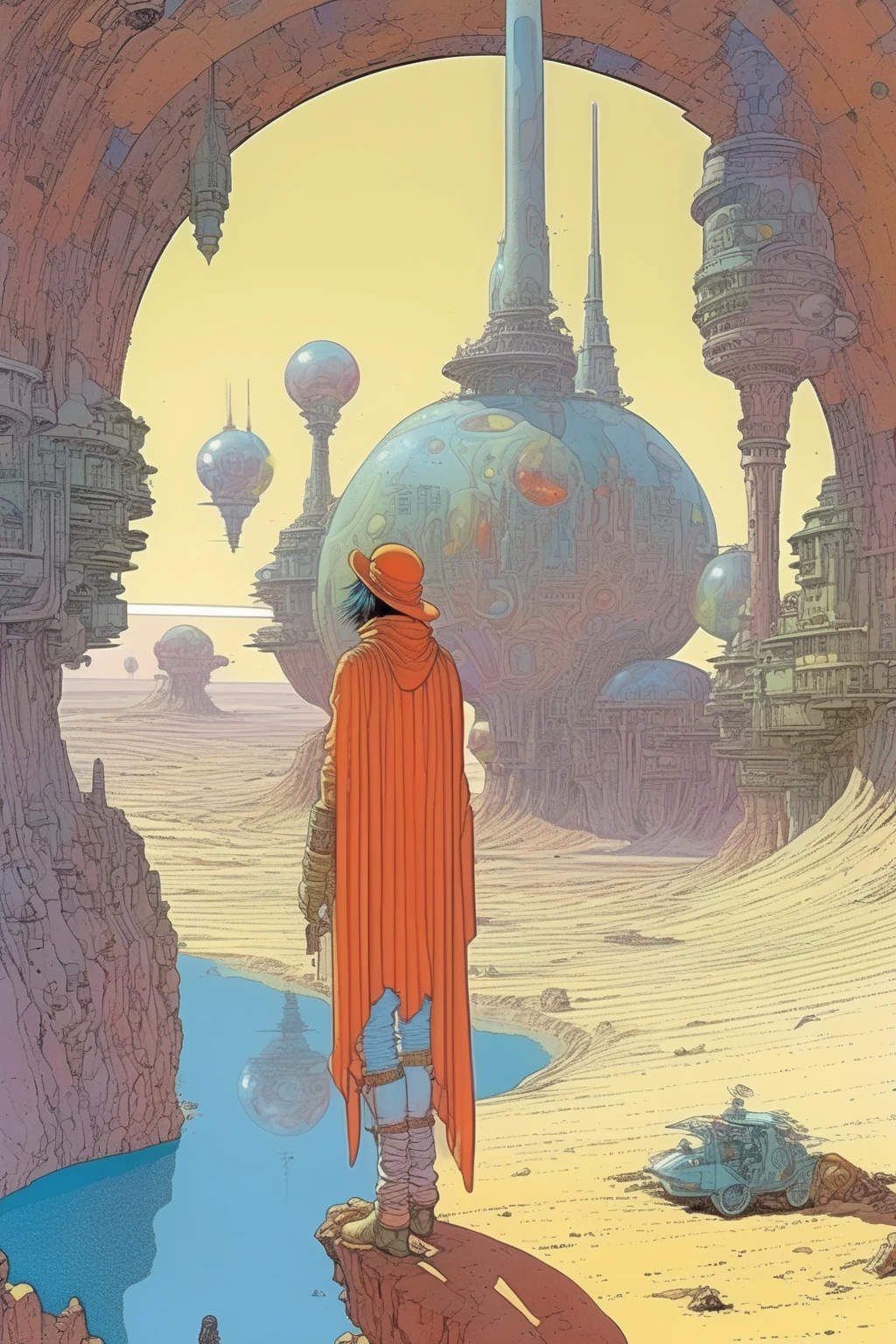 <lora:Moebius (Jean Giraud) Style:1>Moebius (Jean Giraud) Style - amazing comic book art, comic book multi panel template, in the style of moebius Jean Giraud, i can't believe how beautiful that is