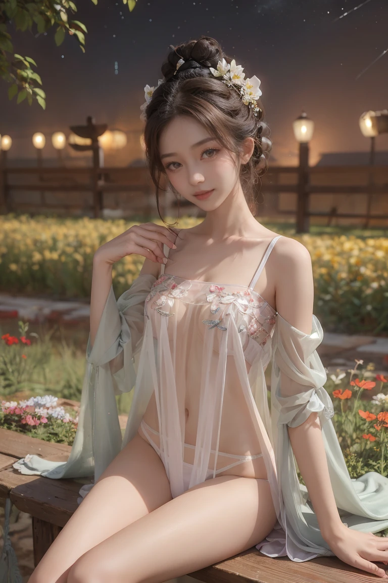 1girl,see-through,chiffon,hair ornament,dress,looking at viewer,chinese clothes,panties,underwear,flower,smile,<lora:New private ancient Hanfu (91):0.8>,meadow,sitting,starry sky, 