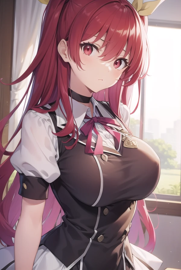 stellavermillion, <lora:stellavermillion-lora-nochekaiser:1>,
stella vermillion, hair between eyes, hair intakes, hair ribbon, long hair, (red eyes:1.5), red hair, two side up, yellow ribbon,
BREAK black choker, choker, emblem, garter straps, neck ribbon, plaid, puffy short sleeves, puffy sleeves, purple ribbon, red hair, ribbon, school uniform, shirt, short sleeves, skirt, thighhighs, white shirt, white skirt,
BREAK looking at viewer,
BREAK indoors, classroom
BREAK <lyco:GoodHands-beta2:1>, (masterpiece:1.2), best quality, high resolution, unity 8k wallpaper, (illustration:0.8), (beautiful detailed eyes:1.6), extremely detailed face, perfect lighting, extremely detailed CG, (perfect hands, perfect anatomy),