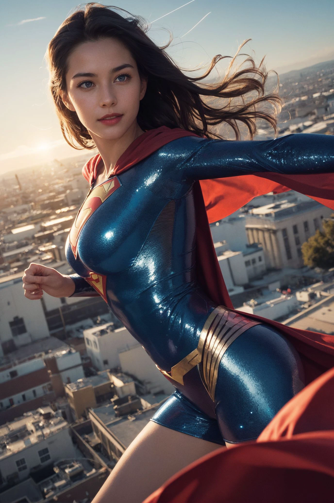 Story of Super woman in DC,A flying superwoman soaring at the boundary of space and Earth's sky, superwoman flying the sky, High above the Earth's surface, a superwoman hovers gracefully amidst the vast expanse of the open sky, Her radiant presence is defined by an aura of strength and purpose, With eyes like sapphire stars, she gazes down upon the world below, a tapestry of landscapes and cities unfolding before her,Her (glossy red) cape billows in the wind, a symbol of her unwavering commitment to protect and inspire,. From this celestial vantage point, she watches over humanity with a mixture of compassion and determination, ready to leap into action whenever the call for heroism arises.,
, embarrassed smile, shiny glossy latex skin, fantastic random cityscape,
(holographic shiny metalic) superman marked bodysuit
,light smiling,
(gorgeous beautiful 20 years old USA girl), ((best detailed slender body)), (USA actress, USA beauty, USA mixed),
(blonde hair, blue eyes)
,(wide hip:0.7, large breasts:0.8, perfect slender young girl body) , (tall_image:1.3)
,
,<lora:FilmVelvia3:0.3> ,
,Perfectly glossy skin, ,25 yo mature girl,,
,
picture of a vivid, (masterpiece:1.2),(extremely detailed),(8k:1.1),(perfect lighting,best
quality,highres,original),(realistic photography:1.4),(tall image:1.5),
,high detailed skin,shaded
face, soft lighting, (small face),
shiny_and_glossy_skin,RAW, ultra highres, pores visible,
(ultra realistic quality,highres,original),(realistic:1.4),(tall image:1.5),
,high detailed skin,shaded
face, soft lighting, (small face),
shiny_and_glossy_skin,
tone abs,
