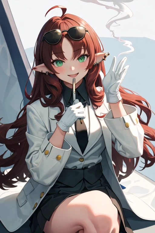 best quality, masterpiece, highres, solo, {black business suit:1.40}, {tie:1.20}, {sunglasses:1.25}, {white gloves:1.15}, {white shirt:1.10}, {black skirt:1.15}, {smoking:1.20}, handsome, {myrtle_arknights:1.15}, long_hair, pointy_ears, bangs, red_hair, ahoge, green_eyes, smile, parted_bangs, open_mouth, piercing, blush, ear_piercing, brown_hair