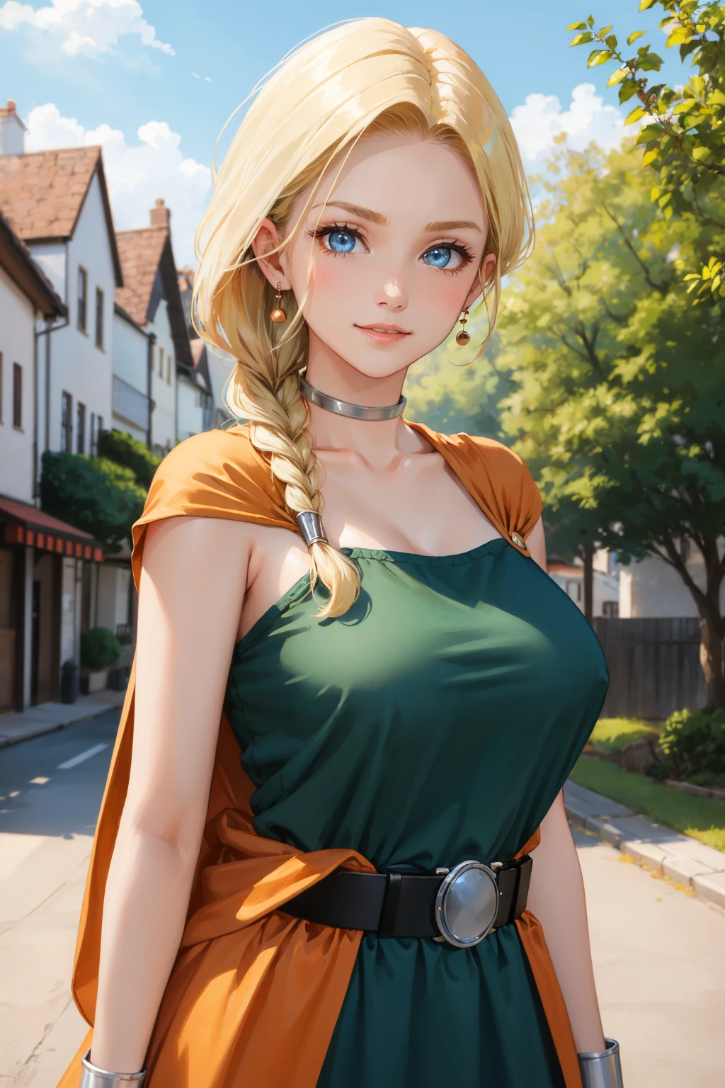 masterpiece, best quality, dqBianca, single braid, earrings, choker, orange cape, green dress, belt, looking at viewer, large breasts, upper body, smile, furrowed brow, village <lora:dqbianca-nvwls-v1-000010:0.9>