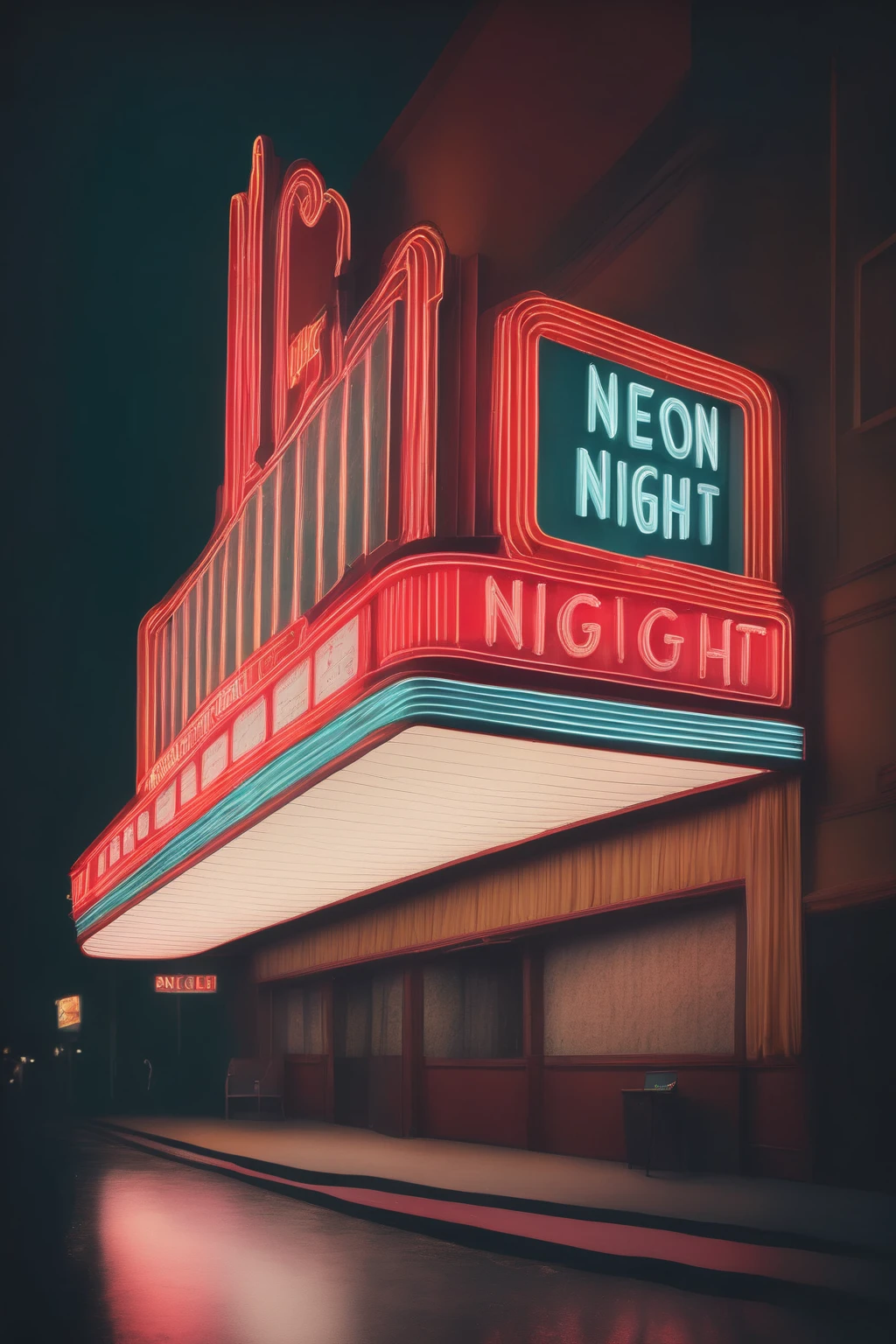 <lora:Neon Night:1>Neon Night - a vintage movie theater with a dazzling neon marquee showcasing the latest films