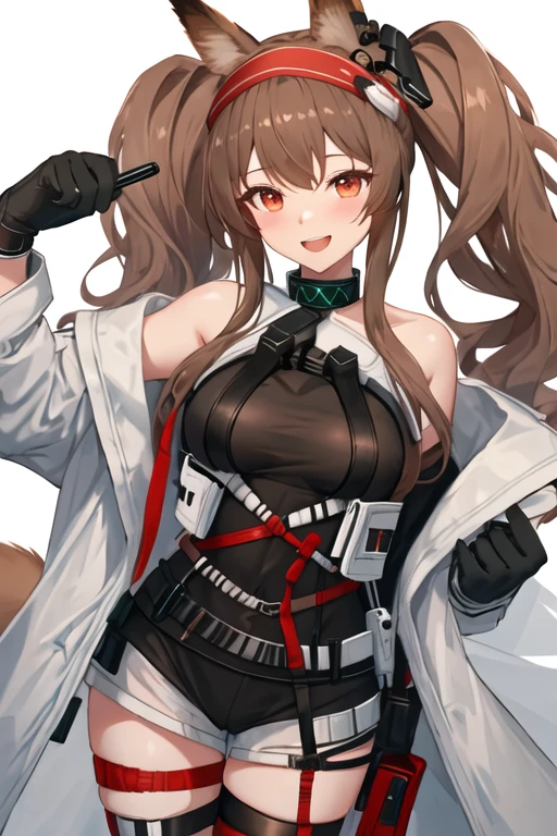 best quality, masterpiece, highres, solo, {angelina_arknights:1.15}, brown_hair, long_hair, animal_ears, fox_ears, twintails, bangs, hairband, red_hairband, red_eyes, infection_monitor_\(arknights\), upper_body, breasts, blush, smile, 1girl, black_gloves, gloves, jacket, open_clothes, shirt, :d, black_shirt, earpiece, looking_at_viewer, open_mouth, simple_background, white_background, long_sleeves, open_jacket, white_jacket, coat, holding, two-tone_hairband