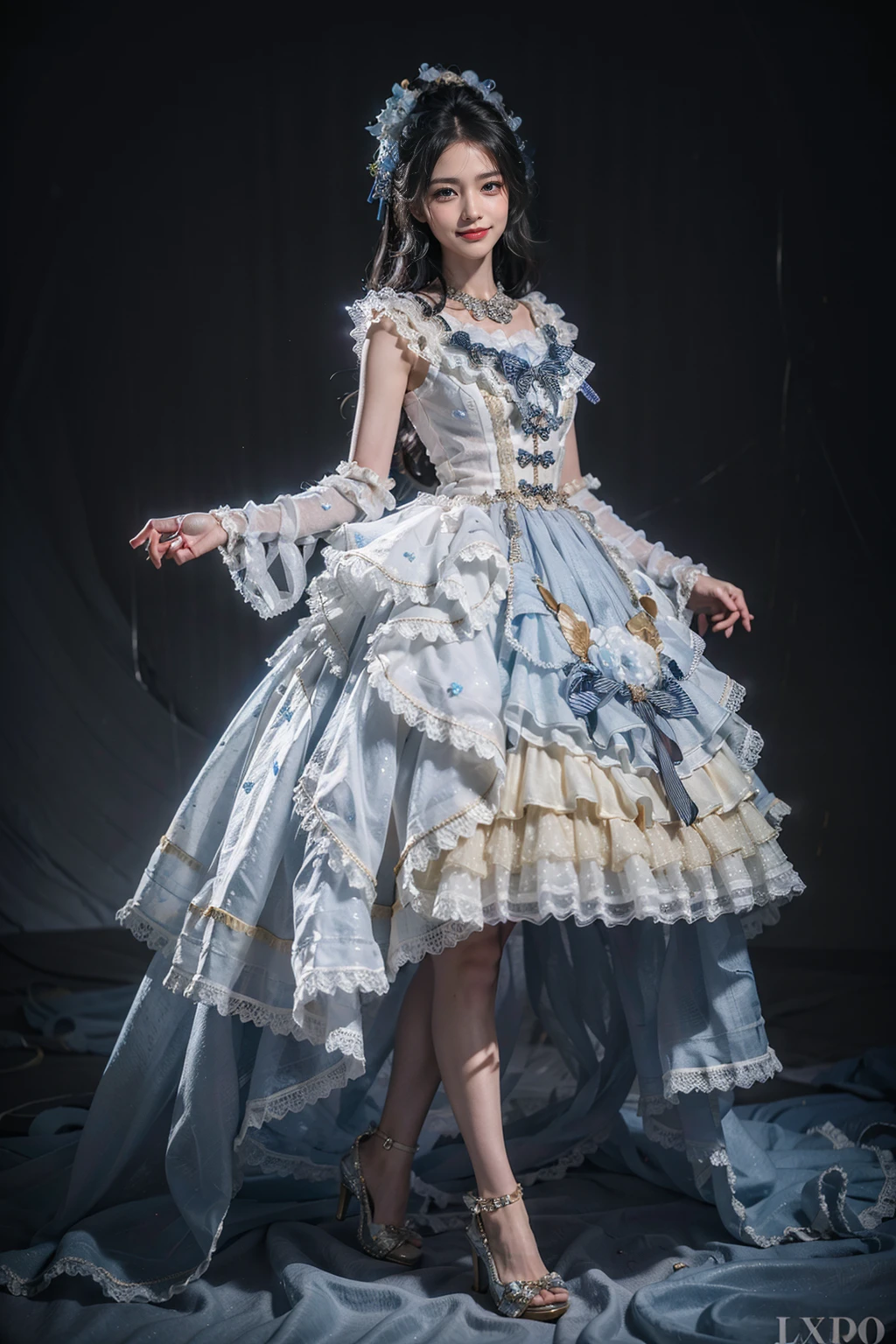 best quality, quality, masterpiece, photorealistic, 1girl, solo, long hair, black hair, full body, standing, looking at viewer, smile, lo dress, hair ornament, white pantyhose, high heels, <lora:lo_dress_vol2_style5_v1:0.65>