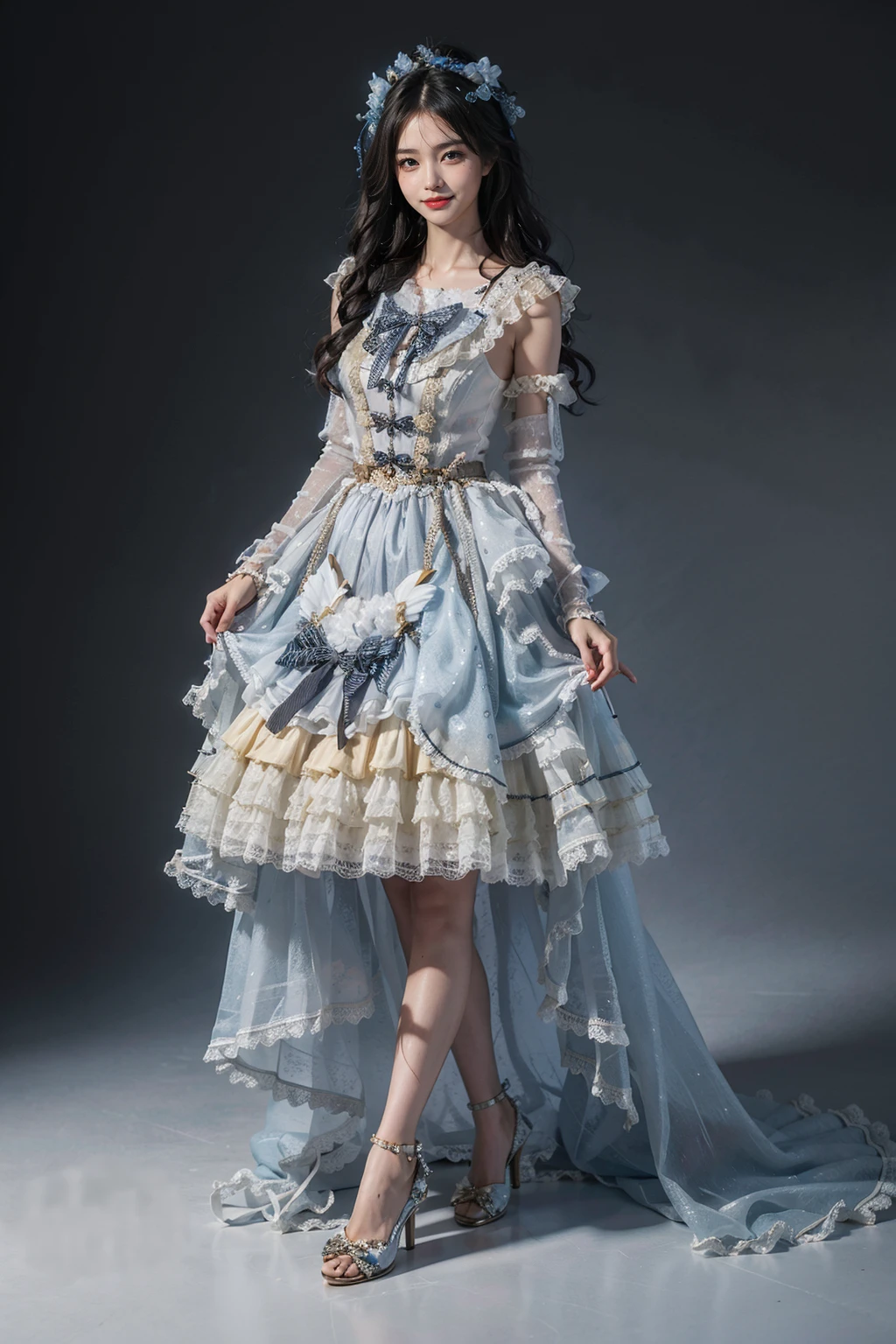 best quality, quality, masterpiece, photorealistic, 1girl, solo, long hair, black hair, full body, standing, looking at viewer, smile, lo dress, hair ornament, white pantyhose, high heels, <lora:lo_dress_vol2_style5_v1:0.65>