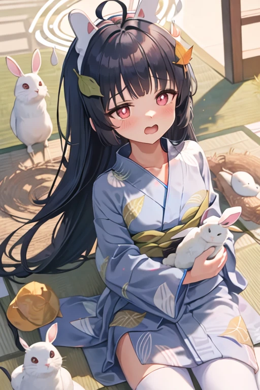 best quality, masterpiece, highres, solo, {yukata:1.40}, {kimono:1.20}, {miyu_bluearchive:1.15}, black_hair, long_hair, red_eyes, bangs, halo, leaf, blush, ahoge, animal_ears, leaf_on_head, rabbit_ears, serafuku, fake_animal_ears, open_mouth