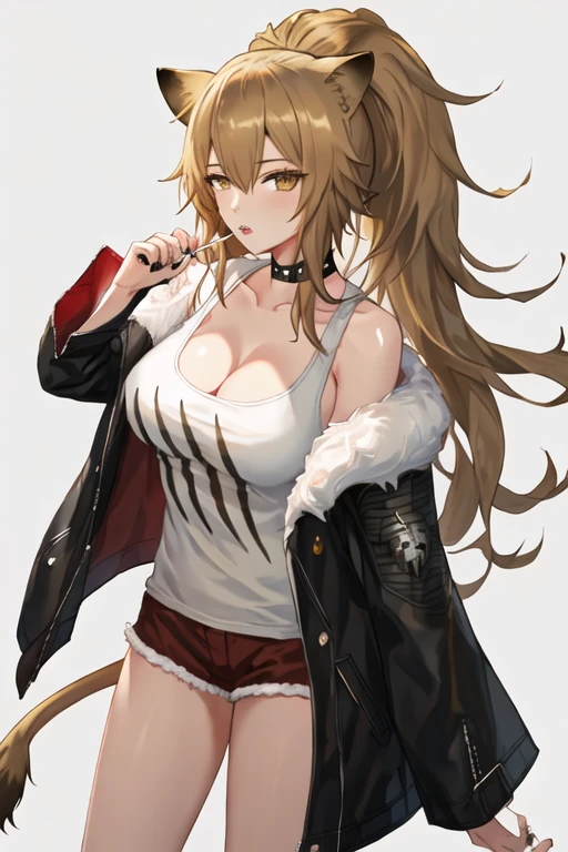 best quality, masterpiece, highres, solo, {siege_arknights:1.15}, animal_ears, lion_ears, long_hair, bangs, breasts, blonde_hair, ponytail, brown_eyes, cleavage, hair_between_eyes, brown_hair, large_breasts, upper_body, lollipop, food, candy, yellow_eyes, 1girl, bare_shoulders, choker, hand_up, holding, holding_food, jacket, looking_at_viewer, off_shoulder, tank_top, black_choker, fur_trim, black_jacket, fur-trimmed_jacket, long_sleeves, open_clothes, grey_background, open_jacket, white_tank_top, black_nails, collarbone, holding_candy, holding_lollipop, nail_polish, parted_lips, simple_background, medium_breasts
