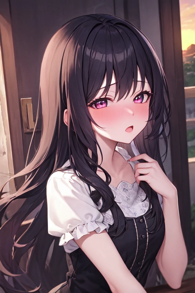 1girl, solo, masterpiece, best quality, unity 8k wallpaper, illustration, ultra-detailed, <lora:torogao_v4-000010:1.4>, full-face blush, black hair, long hair, indoors, sunset,