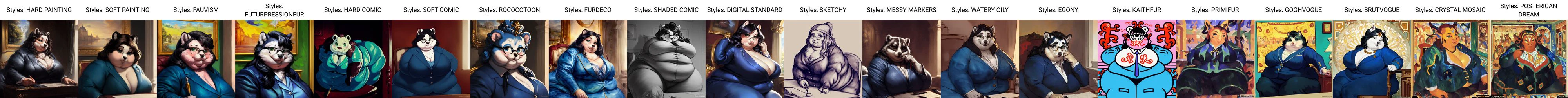 anthro, (((solo))),(french palace, mansion, detailed background),(looking at viewer, shy smile),((furry)), female, badger:1.1, fluffy fur, (shortstack:1.1), wide hips:1.6, huge thighs, wide,((morbidly obese:1.5), fat rolls, belly rolls, neck rolls:1.4, double chin, cellulite),(soft, squishy:1.3, flab, flabby, rolls),(chubby cheeks, double chin:1.5),(large breasts:1.2),black hair, long hair,green eyes, large eyes, pretty eyes,large glasses,((clothing, blue suit, business suit:1.3)), sitting on a chair, at her desk, (hair on her head), holding a pen, (detailed illustration:1.6),(oil painting \(medium\):1.6),tonal shading,(charcoal \(medium\):1.4),best quality,best lighting,highres,impasto impressionism,((RAW photo)), analog style,subsurface scattering,bokeh,((photorealism)),absurd res,(sooftly,betterwithsalt,sizemologist),((lawrence alma tadema, tamara de lempicka, Mark Keathley, Steve McCurry, James Tissot, Gustave Courbet)),(amazing detail),((hyperdetailed:1.5)),((beautiful)),realistic,8k,((masterpiece)),((national geographics)),(extremely high quality acrylic painting),((photorealistic:1.8)),edgelight,((hyperrealism, photography)),painting,full body,backlight,volumetric lighting,shaded <lora:epi_noiseoffset2:1> <lora:epiCRealismHelper:0.5> <lora:add_detail:0.5> <lora:more_details:0.5>