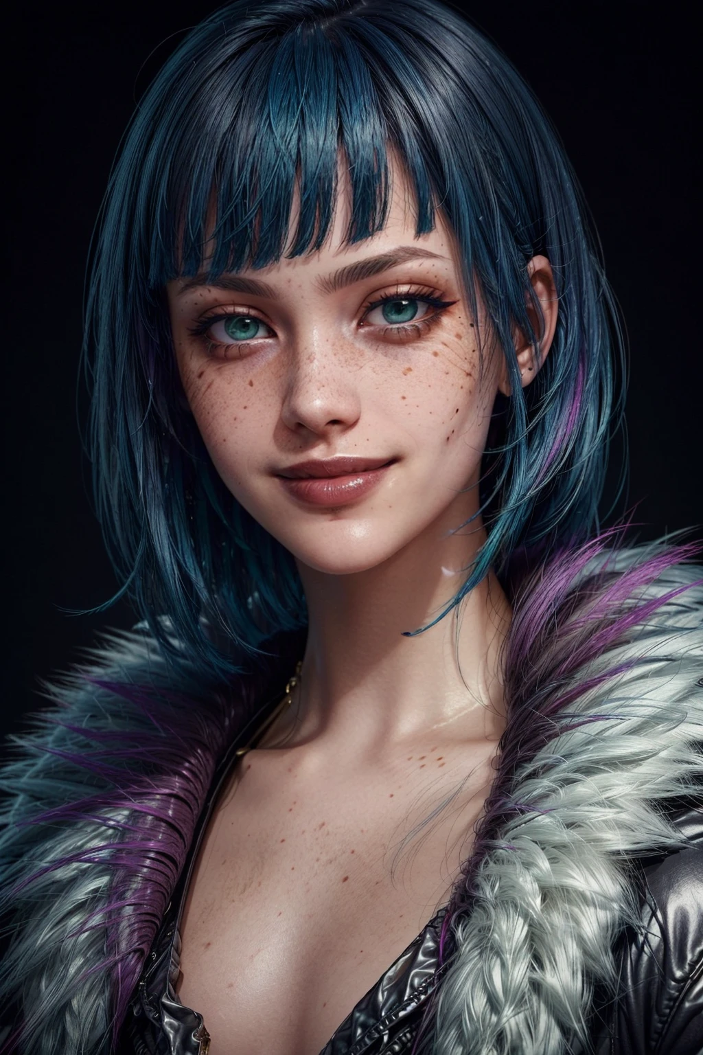 EvelynCyber, 1girl, solo, multicolored hair, blue hair, smile, looking at viewer, black background, makeup, short hair, bangs, fur trim, pink hair, portrait, realistic, green eyes, blunt bangs, simple background, two-tone hair, jacket, grin, lipstick, purple hair, freckles,
masterpiece, best quality,
<lora:add_detail:0.7>,<lora:epi_noiseoffset2:1>, <lora:EvelynCyber:0.7>