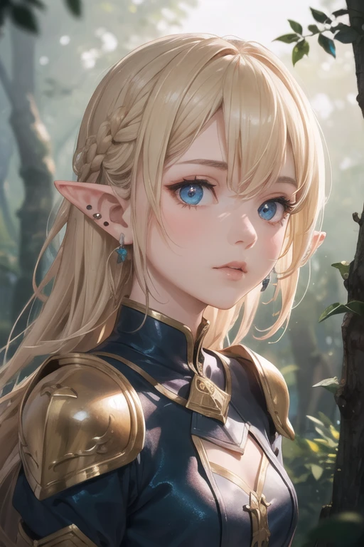 portrait of european girl,cute and beautiful face,elf,pointy ears,ear piercing,20yo,short french braid,bronde hair, blue armored dress,fantasy,forest, looking at viewer, diffused soft lighting, shallow depth of field, sharp focus, cinematic lighting