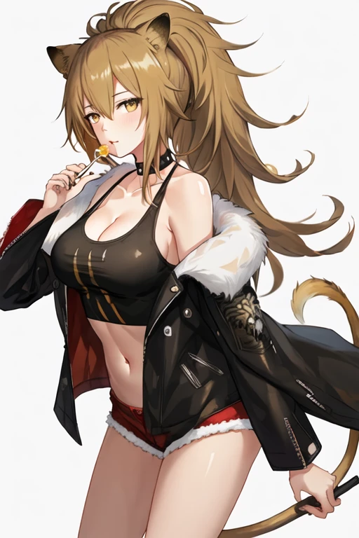 best quality, masterpiece, highres, solo, {siege_arknights:1.15}, animal_ears, lion_ears, long_hair, bangs, breasts, blonde_hair, ponytail, brown_eyes, cleavage, hair_between_eyes, brown_hair, large_breasts, upper_body, lollipop, food, candy, yellow_eyes, 1girl, black_choker, black_jacket, choker, fur-trimmed_jacket, fur_trim, jacket, looking_at_viewer, collarbone, white_background, simple_background, tank_top, closed_mouth, open_clothes