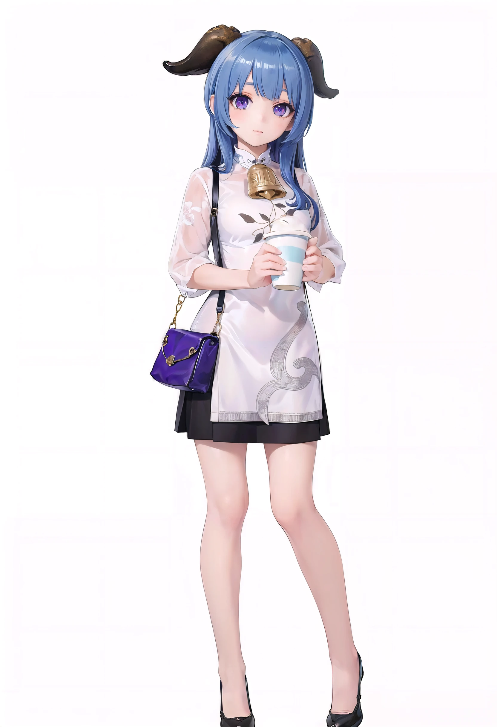 (8k, best quality, masterpiece), (ultra-detailed:1.1), (high detailed skin),
(full body:1.2), white background, standing, (solo focus, solo:1.2), female focus,
<lora:ganyu-v100:0.85:char>,ganyumilk, white and black skirt, (horns:0.8), long hair, blue hair, purple eyes, bangs, bag, bell, sidelocks, holding, cup,
(white background, simple background,:1.2),
(beautiful_face), ((intricate_detail)), (revealing clothes:1.2), clear face,
((finely_detailed)), fine_fabric_emphasis,
((glossy)),