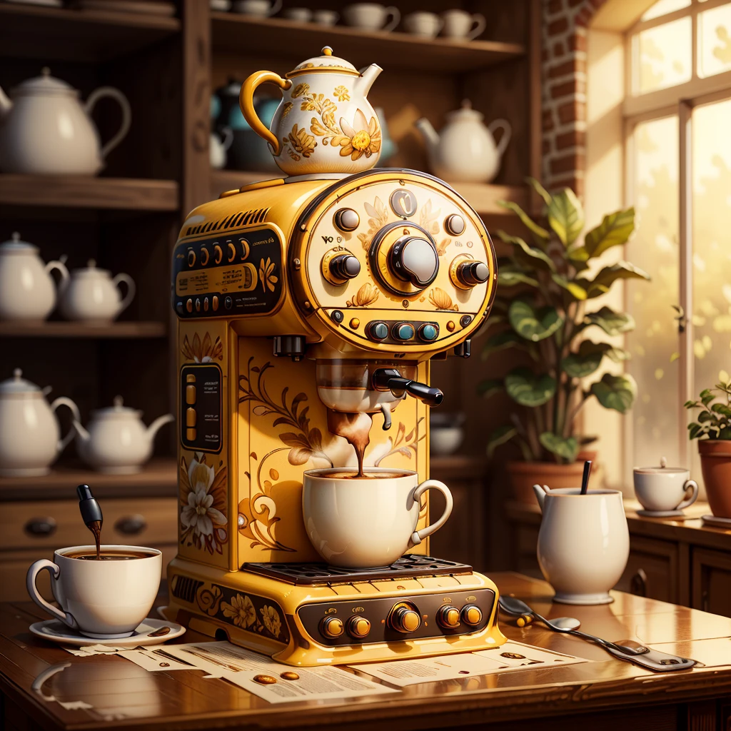 masterpiece, absurdres, extremely detailed, <lora:Madeofdelftwareai:0.6>, madeofdelftwareai, yellow delftware, coffee machine, day, volumetric lighting,