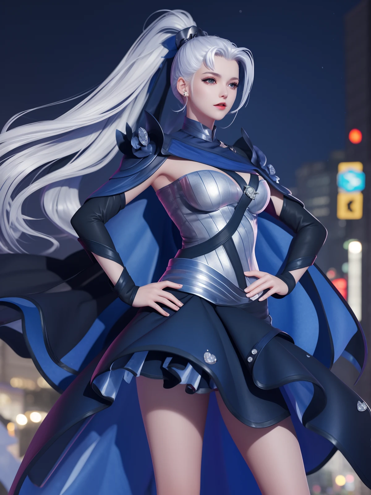 WZRYhuamulanMQJF, 1girl, long hair, solo, ponytail, cape, white hair, jewelry, dress, blue eyes, black gloves, armor, breasts, <lora:WZRYhuamulanMQJF:0.75>,cityscape, night, looking at viewer, mature female, hand on hip,