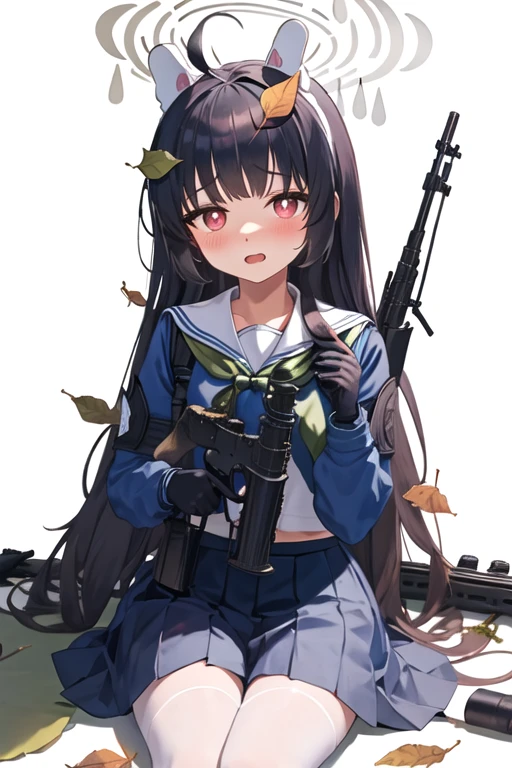 best quality, masterpiece, highres, solo, {miyu_bluearchive:1.15}, black_hair, long_hair, red_eyes, bangs, halo, leaf, blush, ahoge, animal_ears, leaf_on_head, rabbit_ears, serafuku, fake_animal_ears, open_mouth, 1girl, looking_at_viewer, school_uniform, rifle, weapon, gun, white_background, binoculars, gloves, simple_background