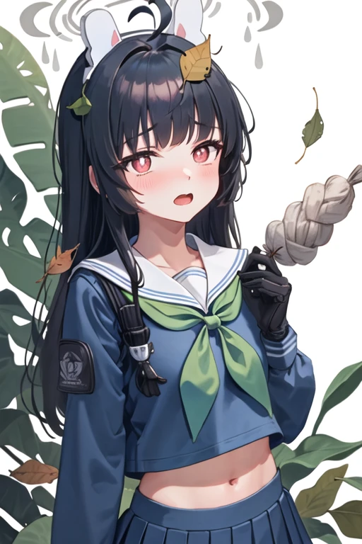 best quality, masterpiece, highres, solo, {miyu_bluearchive:1.15}, black_hair, long_hair, red_eyes, bangs, halo, leaf, blush, ahoge, animal_ears, leaf_on_head, rabbit_ears, serafuku, fake_animal_ears, open_mouth, 1girl, looking_at_viewer, neckerchief, sailor_collar, school_uniform, simple_background, white_background, white_sailor_collar, blue_serafuku, blue_shirt, gloves, green_neckerchief, long_sleeves, black_gloves, blunt_bangs, shirt, upper_body