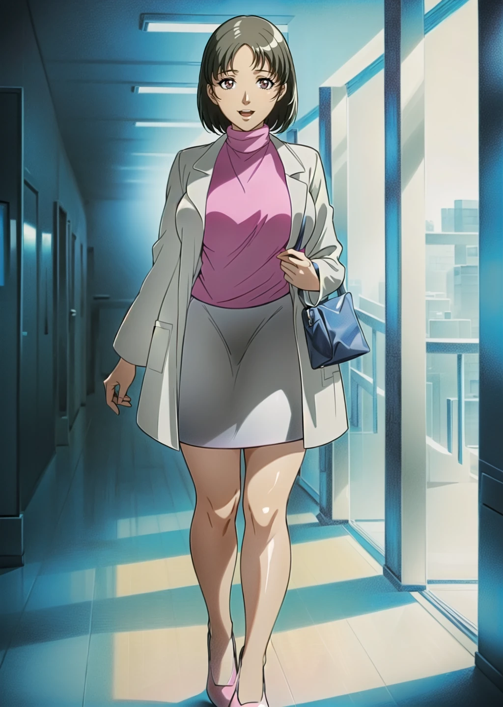 urotsukidoji researchgirl,
(solo:1.4),
1girl,brown hair, short hair, brown eye, sexy body, large breasts
(white labcoat:1.4), (pink turtleneck:1.4), (gray pencil skirt:1.4), bare legs, bare thighs, (pumps:1.3), (parted bangs:1.4),
relaxed expression, smile. walking, open mouth, (carrying bag:1.4),hand bag,look at viewer
indoors, (hallway:1.4), (daytime:1.4), windows,
portrait,(full body shot:1.4)
(masterpiece:1.4), (best quality:1.4),
professional artwork, intricate details, vivid colors, Diffused lighting, digital blending, ultra detailed body, ultra detail hair, ultra detail face,
<lora:urotsukidoji_researchgirl_ver5-10:0.8>